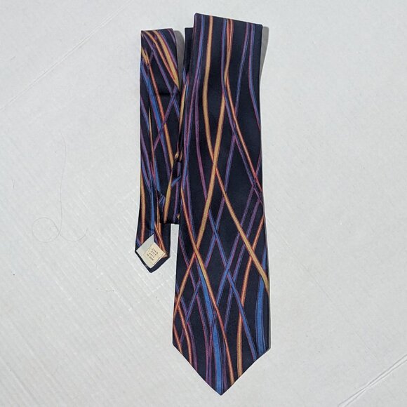 Hardy Amies London 100% Silk Tie Navy Multicolor Geometric Stripe Pattern - Picture 3 of 6